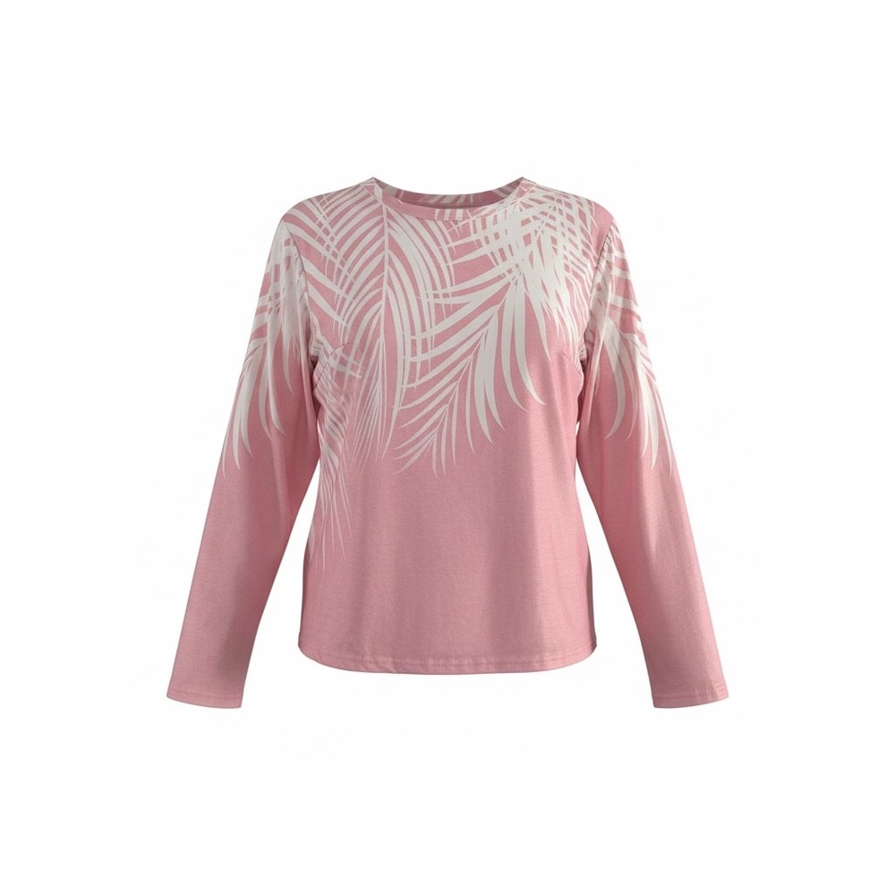 ZOLUCKY 1X Pink Ivory Palm Leaf Print Long Sleeve Stretch Top Plus Size